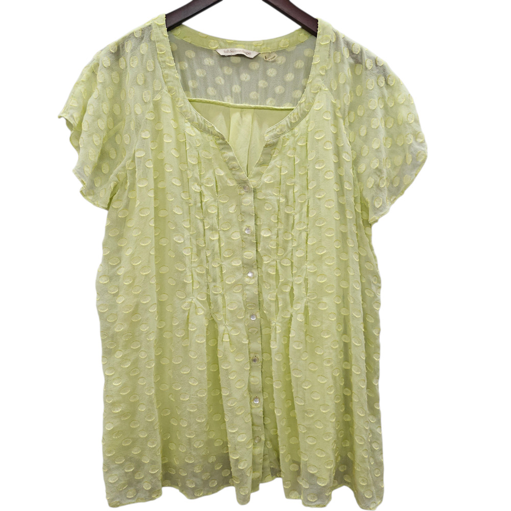 Soft Surroundings Blouse Womens Large Green Polka Dot Sheer Flutter Sleeve Silk